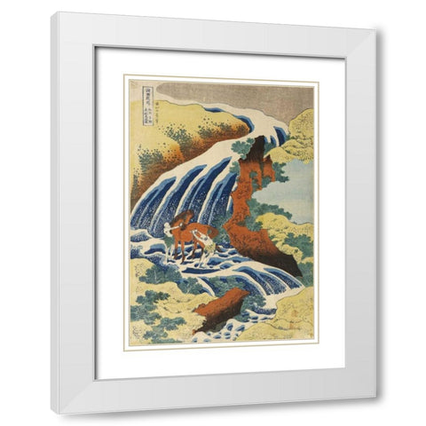 Two Men Washing a Horse in a Waterfall White Modern Wood Framed Art Print with Double Matting by Hokusai