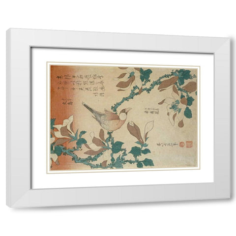 A Paddy Bird Perched On a Flowering Magnolia Branch White Modern Wood Framed Art Print with Double Matting by Hokusai