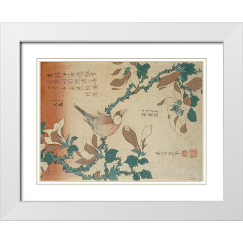 A Paddy Bird Perched On a Flowering Magnolia Branch White Modern Wood Framed Art Print with Double Matting by Hokusai