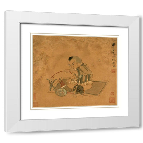 A Child Playing With Marionettes White Modern Wood Framed Art Print with Double Matting by Hongshou, Chen