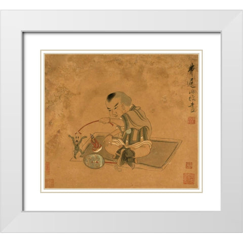 A Child Playing With Marionettes White Modern Wood Framed Art Print with Double Matting by Hongshou, Chen