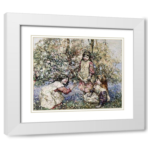 Gathering Primroses White Modern Wood Framed Art Print with Double Matting by Hornel, Edward Atkinson