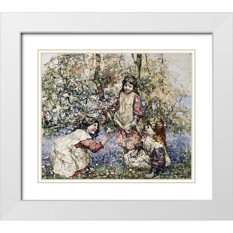 Gathering Primroses White Modern Wood Framed Art Print with Double Matting by Hornel, Edward Atkinson