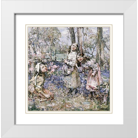 Gathering Bluebells White Modern Wood Framed Art Print with Double Matting by Hornel, Edward Atkinson