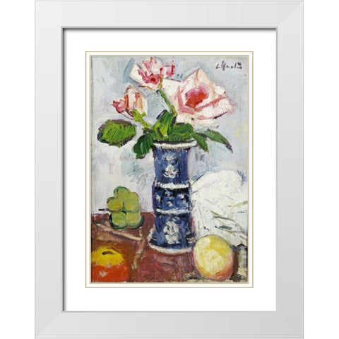 Pink Roses In a Chinese Blue and White Gu-Shaped Vase White Modern Wood Framed Art Print with Double Matting by Hunter, George Leslie