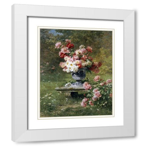Peonies In An Urn In a Garden White Modern Wood Framed Art Print with Double Matting by Lemaire, Louis Marie