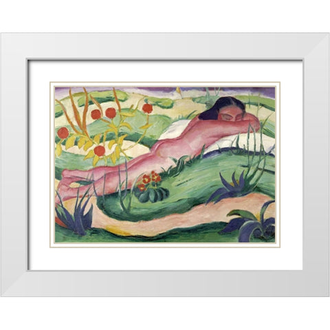 Nude Lying In The Flowers White Modern Wood Framed Art Print with Double Matting by Marc, Franz