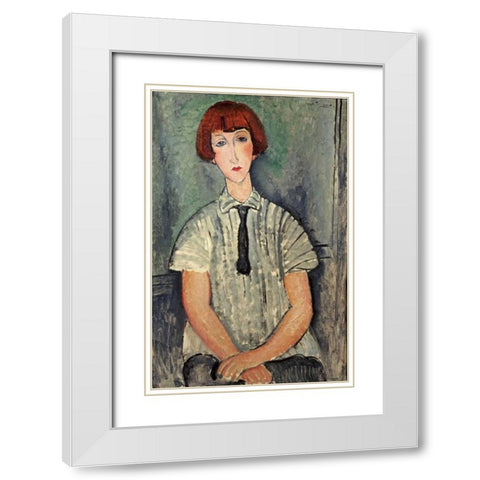 Young Girl In a Striped Shirt White Modern Wood Framed Art Print with Double Matting by Modigliani, Amedeo
