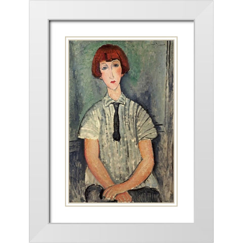 Young Girl In a Striped Shirt White Modern Wood Framed Art Print with Double Matting by Modigliani, Amedeo
