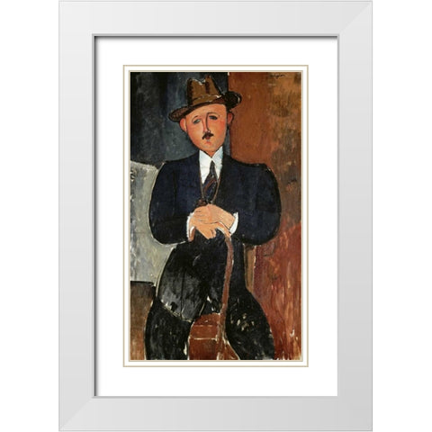 Seated Man - Leaning On a Cane White Modern Wood Framed Art Print with Double Matting by Modigliani, Amedeo