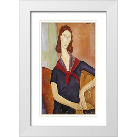 Jeanne Hebuterne (with a Scarf) White Modern Wood Framed Art Print with Double Matting by Modigliani, Amedeo