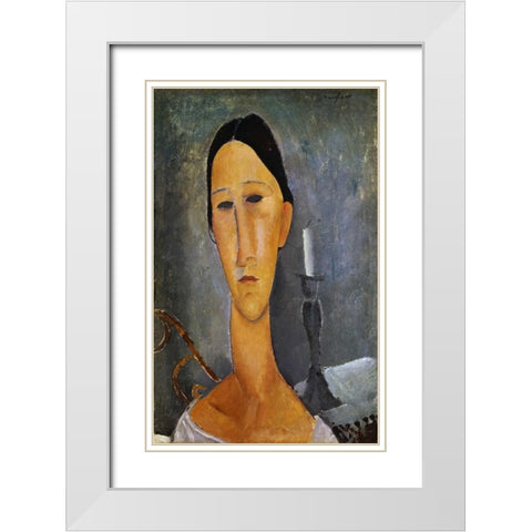 Hanka Zborowska with a Candlestick White Modern Wood Framed Art Print with Double Matting by Modigliani, Amedeo