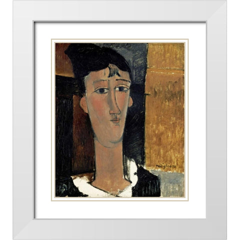 Portrait of a Young Woman - La Concierge White Modern Wood Framed Art Print with Double Matting by Modigliani, Amedeo