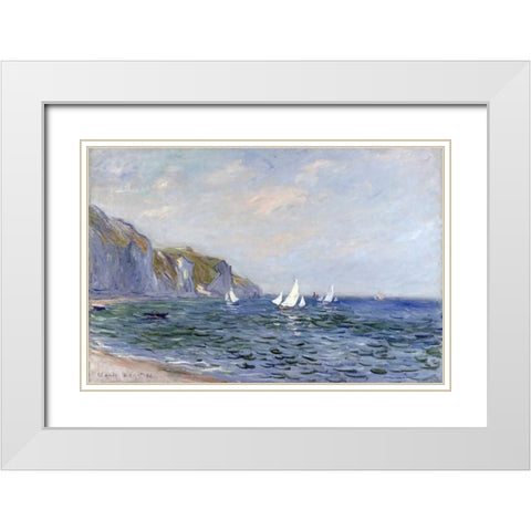 Cliffs and Sailboats at Pourville White Modern Wood Framed Art Print with Double Matting by Monet, Claude