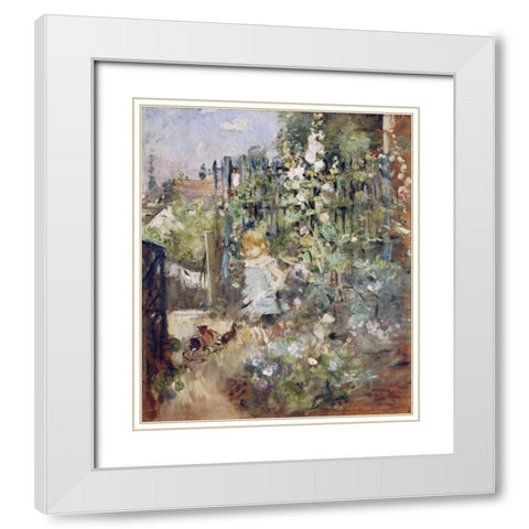A Child In the Rosebeds White Modern Wood Framed Art Print with Double Matting by Morisot, Berthe
