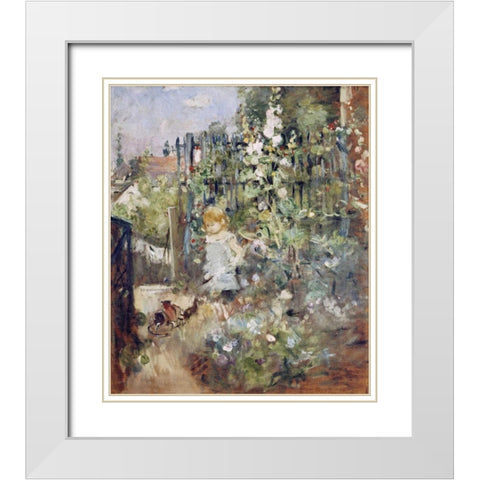 A Child In the Rosebeds White Modern Wood Framed Art Print with Double Matting by Morisot, Berthe