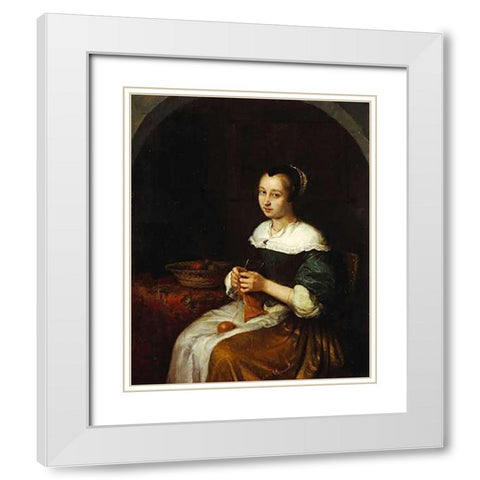 A Woman Knitting With a Basket of Fruit White Modern Wood Framed Art Print with Double Matting by Netscher, Caspar