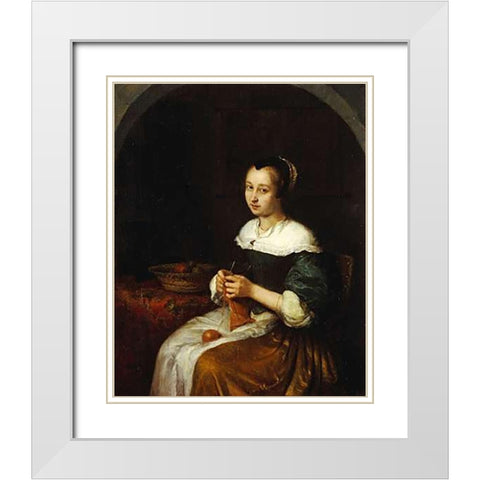 A Woman Knitting With a Basket of Fruit White Modern Wood Framed Art Print with Double Matting by Netscher, Caspar