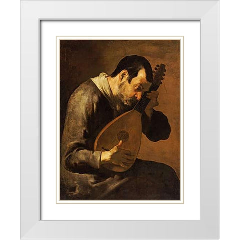 The Sense of Hearing; a Man Playing a Mandolin White Modern Wood Framed Art Print with Double Matting by Passante, Bartolomeo