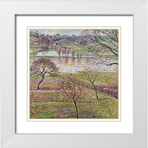 The Flood at Eragny White Modern Wood Framed Art Print with Double Matting by Pissarro, Camille