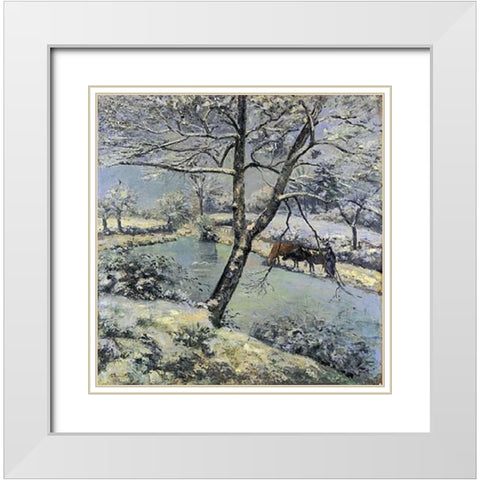 Winter at Montfoucault with Snow, 1875 White Modern Wood Framed Art Print with Double Matting by Pissarro, Camille