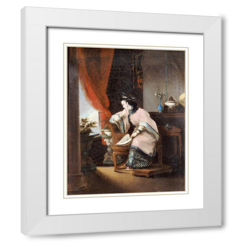 A Chinese Girl Seated White Modern Wood Framed Art Print with Double Matting by Qua, Lam