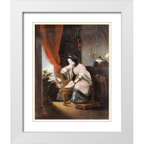 A Chinese Girl Seated White Modern Wood Framed Art Print with Double Matting by Qua, Lam