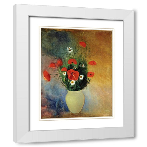 Poppies and Daisies White Modern Wood Framed Art Print with Double Matting by Redon, Odilion