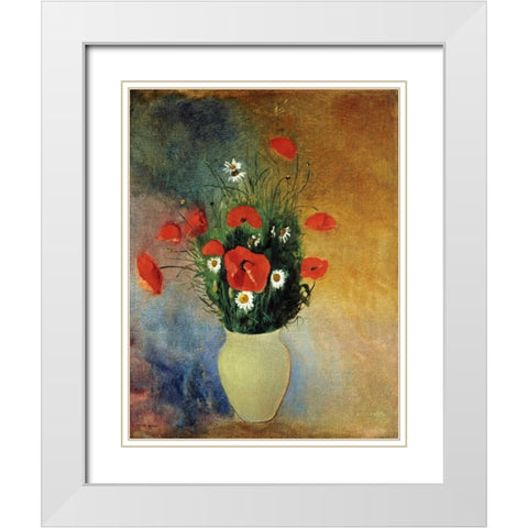 Poppies and Daisies White Modern Wood Framed Art Print with Double Matting by Redon, Odilion