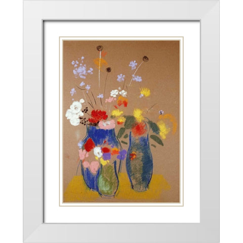 Three Vases of Flowers White Modern Wood Framed Art Print with Double Matting by Redon, Odilion