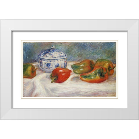Still Life With a Blue Sugar Bowl and Peppers White Modern Wood Framed Art Print with Double Matting by Renoir, Pierre-Auguste