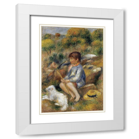 Young Boy By a Brook White Modern Wood Framed Art Print with Double Matting by Renoir, Pierre-Auguste