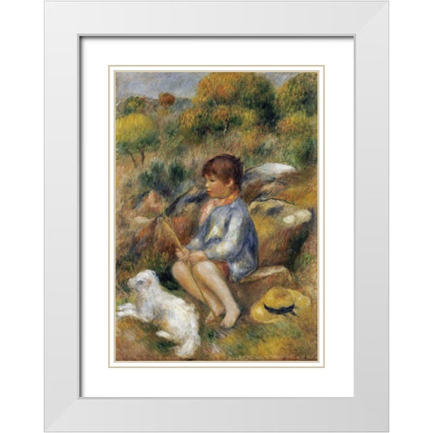 Young Boy By a Brook White Modern Wood Framed Art Print with Double Matting by Renoir, Pierre-Auguste