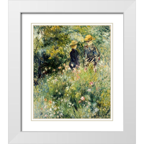 Conversation Dans Une Roseraie White Modern Wood Framed Art Print with Double Matting by Renoir, Pierre-Auguste