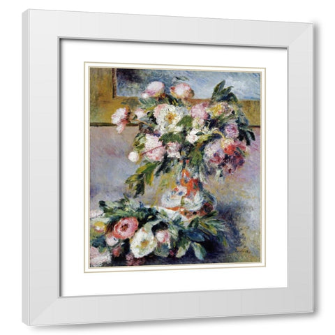 Peonies White Modern Wood Framed Art Print with Double Matting by Renoir, Pierre-Auguste