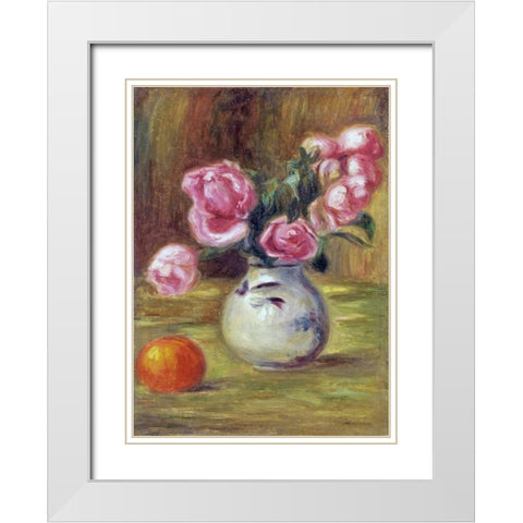Vase de roses et orange White Modern Wood Framed Art Print with Double Matting by Renoir, Pierre-Auguste