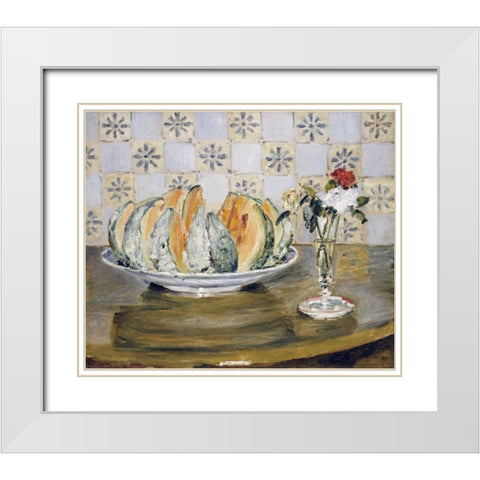 Still Life of a Melon and a Vase of Flowers White Modern Wood Framed Art Print with Double Matting by Renoir, Pierre-Auguste