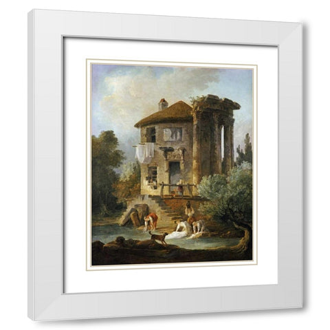 Washerwomen Outside The Temple of The Sibyl, Tivoli White Modern Wood Framed Art Print with Double Matting by Robert, Hubert