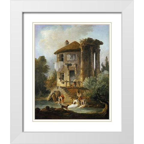 Washerwomen Outside The Temple of The Sibyl, Tivoli White Modern Wood Framed Art Print with Double Matting by Robert, Hubert