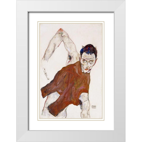 Self Portrait In a Jerkin White Modern Wood Framed Art Print with Double Matting by Schiele, Egon