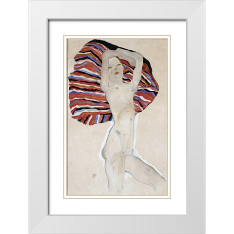 Nude with Colored Fabric, 1911 White Modern Wood Framed Art Print with Double Matting by Schiele, Egon