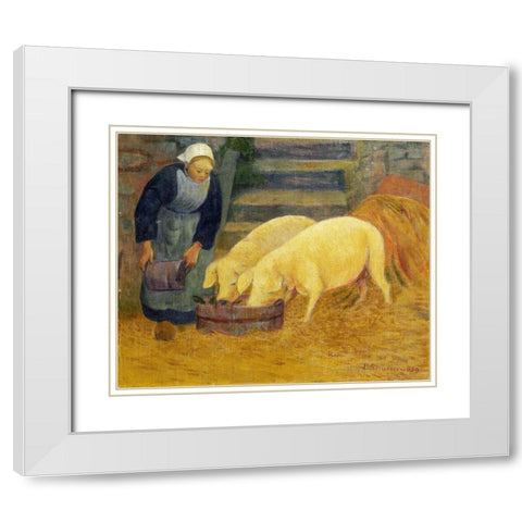 A Young Girl Feeding Two Pigs White Modern Wood Framed Art Print with Double Matting by Serusier, Paul