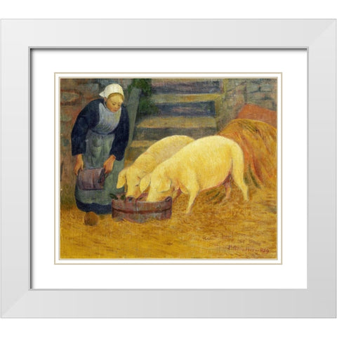 A Young Girl Feeding Two Pigs White Modern Wood Framed Art Print with Double Matting by Serusier, Paul