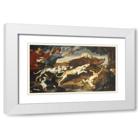 A Boar Hunt White Modern Wood Framed Art Print with Double Matting by Snyders, Frans