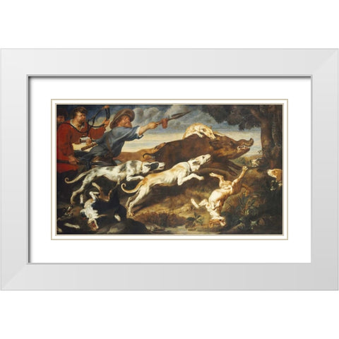 A Boar Hunt White Modern Wood Framed Art Print with Double Matting by Snyders, Frans