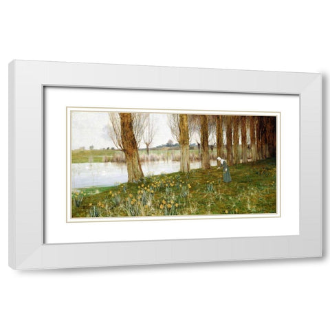 The Amber Vale, a Host of Golden Daffodils White Modern Wood Framed Art Print with Double Matting by Sowerby, John George