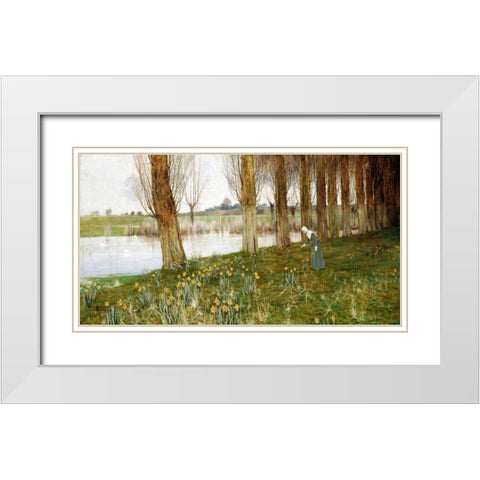 The Amber Vale, a Host of Golden Daffodils White Modern Wood Framed Art Print with Double Matting by Sowerby, John George