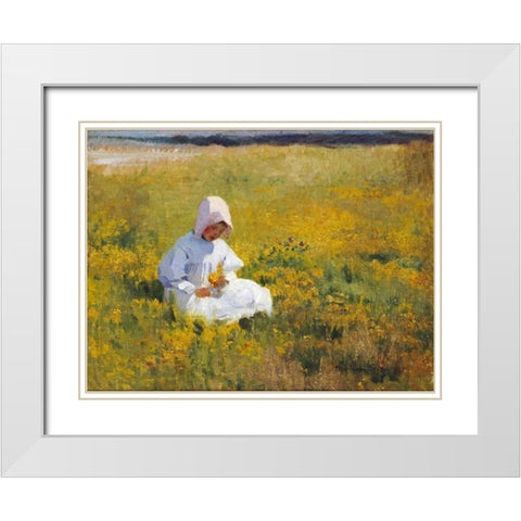 A Young Girl Picking Flowers White Modern Wood Framed Art Print with Double Matting by Stokes, Marianne
