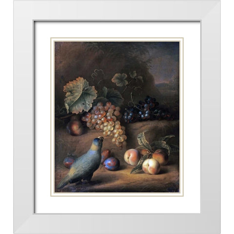 A Parrot With Grapes, Peaches and Plums In a Landscape White Modern Wood Framed Art Print with Double Matting by Stranover, Tobias