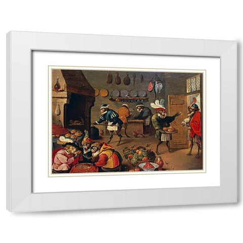 Les Singes Cuisiniers. The Monkeys Cooks White Modern Wood Framed Art Print with Double Matting by II, David